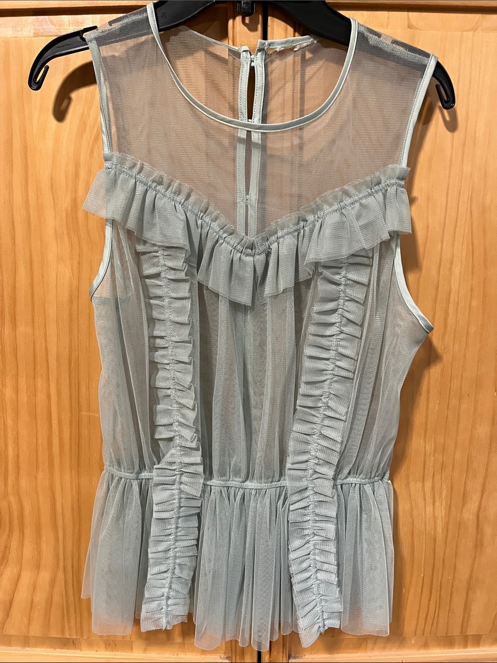 Anthropologie Sheer Ruffle Peplum Blouse in Pale green.  Matches green jacket.